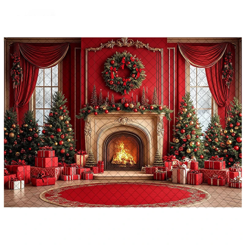 LS Photography Background Xmas Tree Red Room Christmas Fireplace Decoration Kids Holiday Portrait Photo Backdrops Studio Props