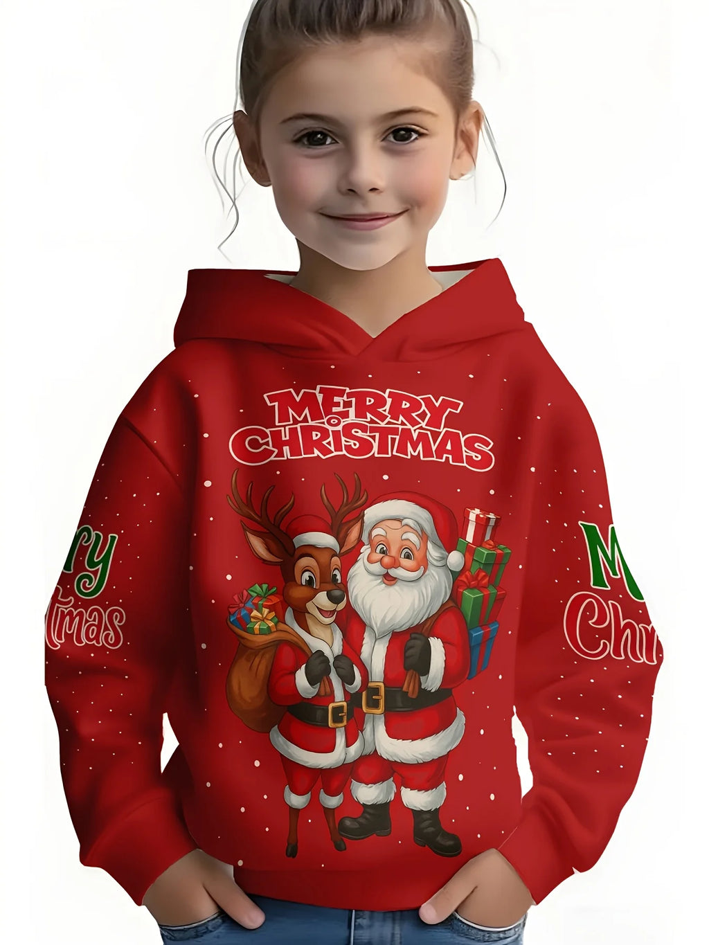Boys & Girls Christmas New Year Hoodie | Festive Red Hooded Sweatshirt with Santa and Deer Warm and Comfortable