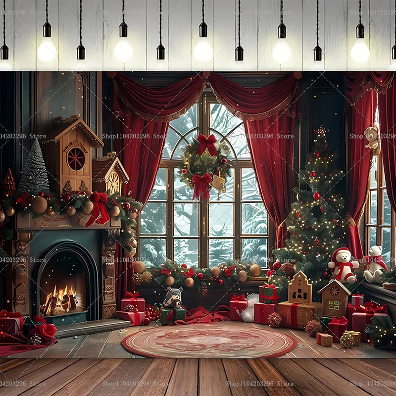 Christmas Photography Backdrop Xmas Tree Fireplace Gift Winter Window Family Kids Party Christmas Decoration Photo Background