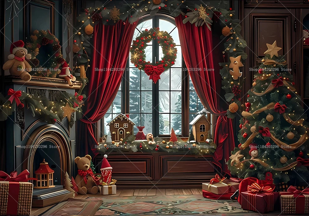 Christmas Photography Backdrop Xmas Tree Fireplace Gift Winter Window Family Kids Party Christmas Decoration Photo Background