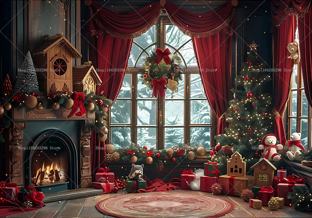 Christmas Photography Backdrop Xmas Tree Fireplace Gift Winter Window Family Kids Party Christmas Decoration Photo Background