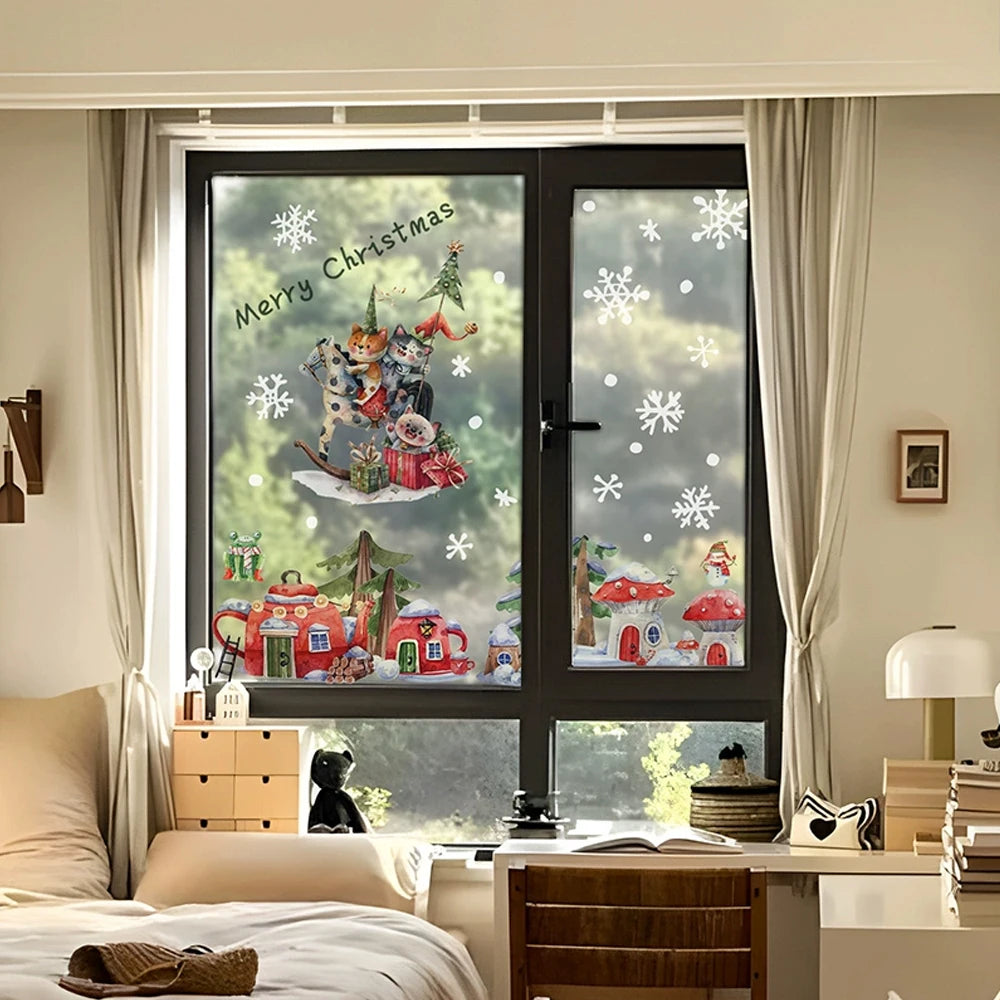 Double-Sided Christmas Window Clings Stickers for Glass, Winter Cabin in Snowy Forest Static Cling Decal for Xmas Home Decor