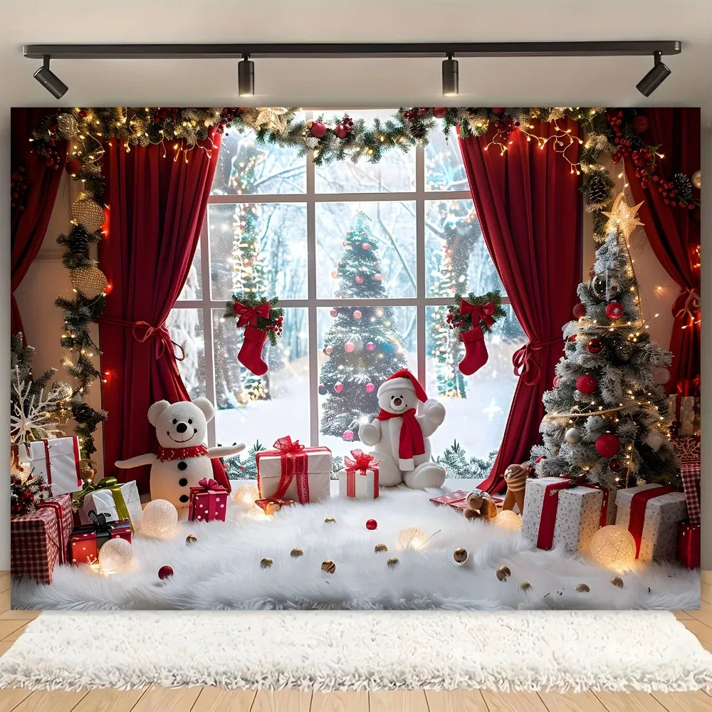 Vibrant Winter Wonderland Christmas photography background - Snowmen, Christmas trees and rural window scenes of holiday parties