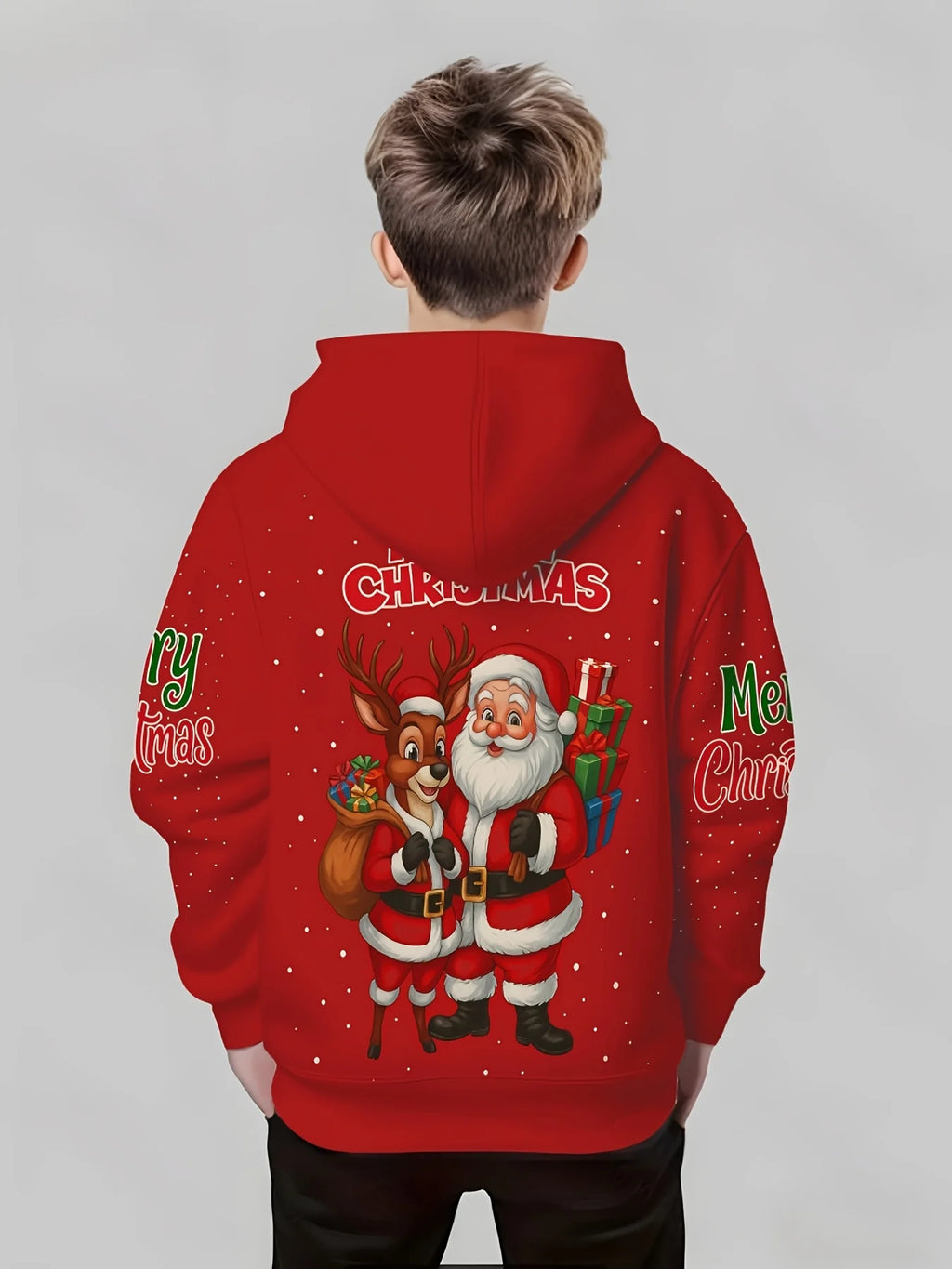 Boys & Girls Christmas New Year Hoodie | Festive Red Hooded Sweatshirt with Santa and Deer Warm and Comfortable