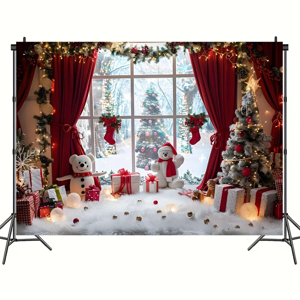 Vibrant Winter Wonderland Christmas photography background - Snowmen, Christmas trees and rural window scenes of holiday parties