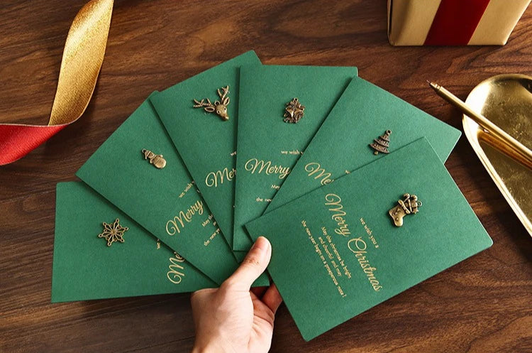 6Pcs Gold Embossed Chrismas Card Greeting Cards Merry Xmas Party Invitations Letter Greeting Cards with Envelope