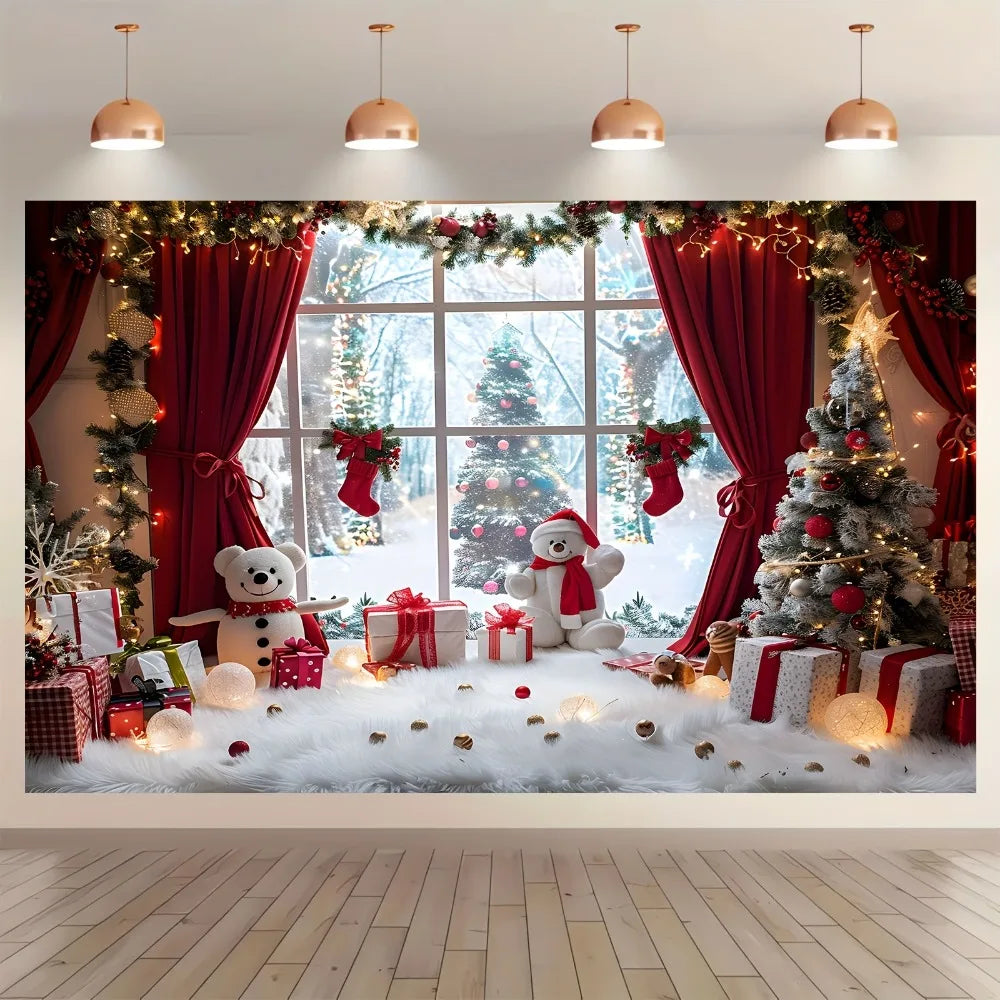 Vibrant Winter Wonderland Christmas photography background - Snowmen, Christmas trees and rural window scenes of holiday parties