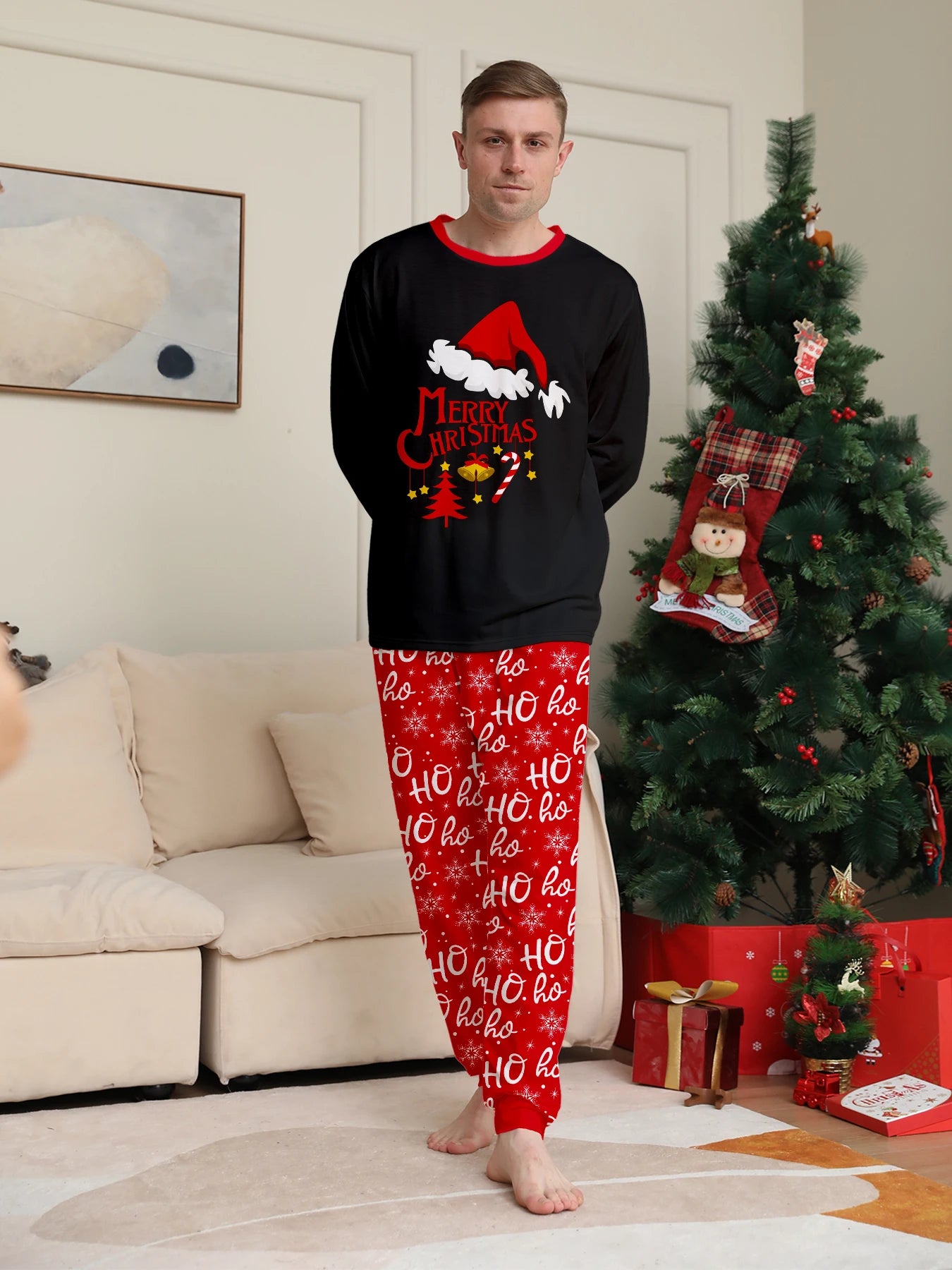 Festive Christmas Couple Pajamas Set: Black with Santa Hat & 'Merry Christmas' + Red 'HO Ho' Pattern