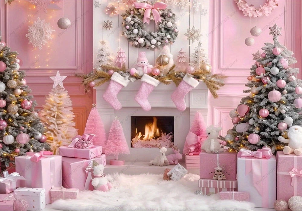 Pink Christmas Photography Backdrop Xmas Tree Fireplace Gifts Box Background Family Party Baby Shower Banner Decor Photo Studio