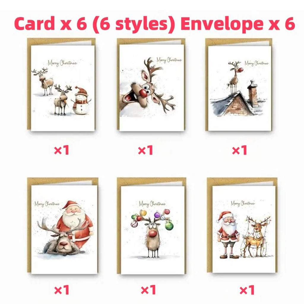6 Set Festive Christmas Greeting Cards, With Envelopes, Thank You Greeting Cards for Christmas and New Year