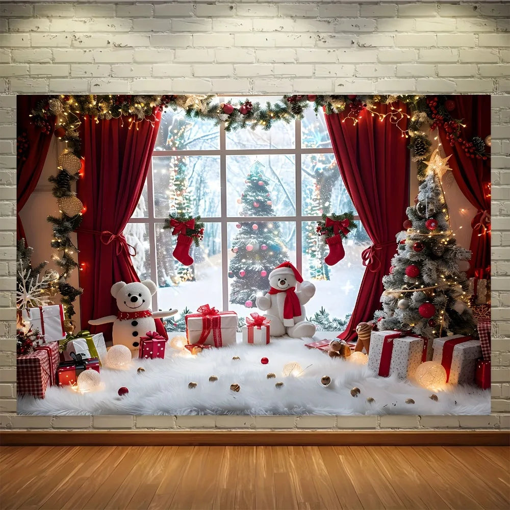 Vibrant Winter Wonderland Christmas photography background - Snowmen, Christmas trees and rural window scenes of holiday parties