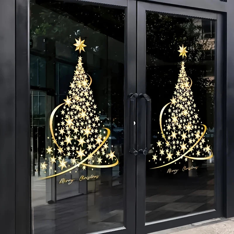 Golden Christmas Tree Window Clings - Festive PVC Stickers for Glass, Easy to Apply & Remove, Christmas Decorations window film