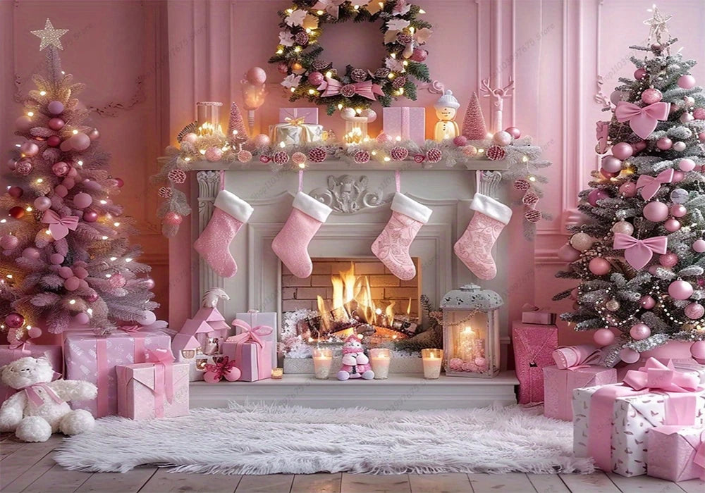 Pink Christmas Photography Backdrop Xmas Tree Fireplace Gifts Box Background Family Party Baby Shower Banner Decor Photo Studio