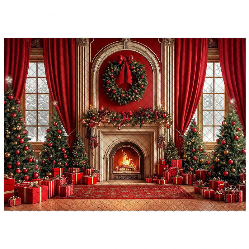 LS Photography Background Xmas Tree Red Room Christmas Fireplace Decoration Kids Holiday Portrait Photo Backdrops Studio Props