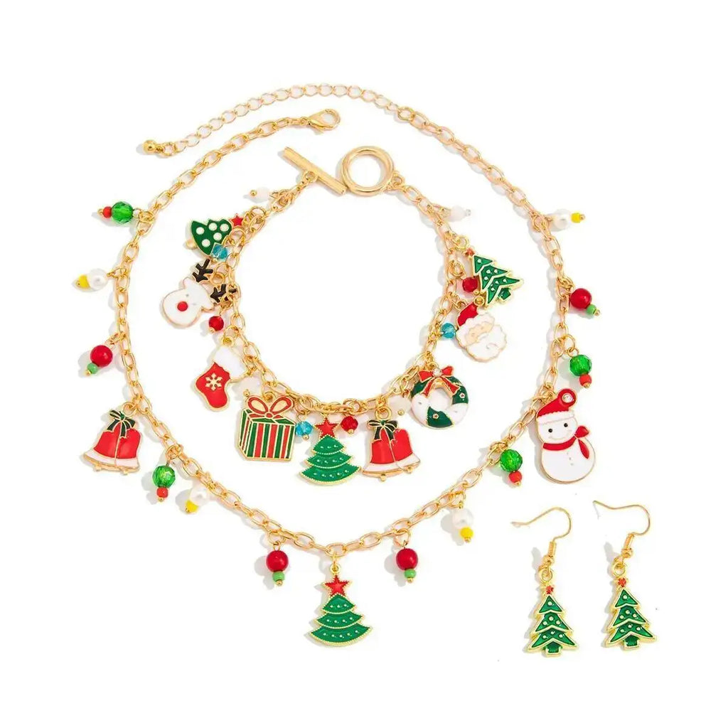 Christmas Tree Santa Snowman Jewelry Set - Trendy Festival Pendant Necklace Bracelet Earring Women's Xmas Gift