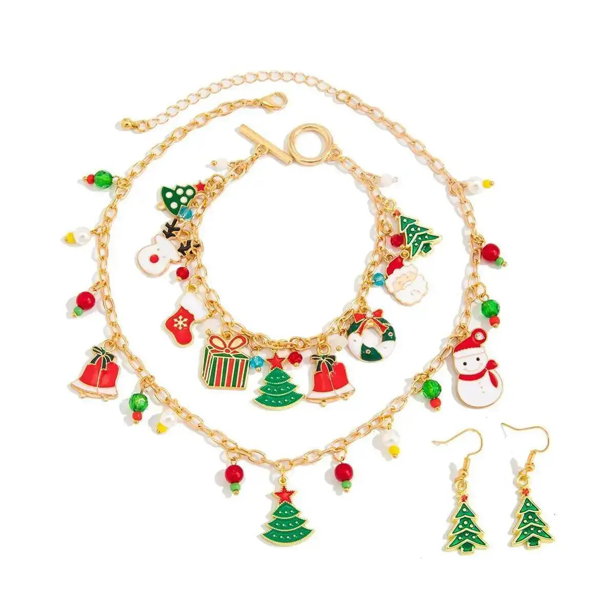 Christmas Tree Santa Snowman Jewelry Set - Trendy Festival Pendant Necklace Bracelet Earring Women's Xmas Gift