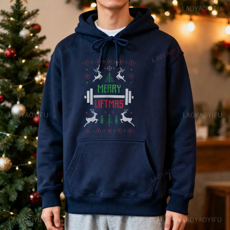 Merry Liftmas Ugly Christmas Sweatshirt Hoodie Workout Funny Holiday Gym Sweater for Fitness Lovers Workout Weightlifting Gift