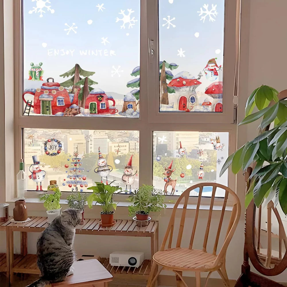Double-Sided Christmas Window Clings Stickers for Glass, Winter Cabin in Snowy Forest Static Cling Decal for Xmas Home Decor