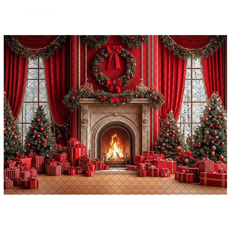 LS Photography Background Xmas Tree Red Room Christmas Fireplace Decoration Kids Holiday Portrait Photo Backdrops Studio Props