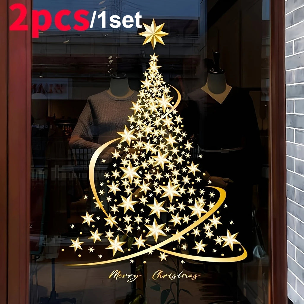 Golden Christmas Tree Window Clings - Festive PVC Stickers for Glass, Easy to Apply & Remove, Christmas Decorations window film