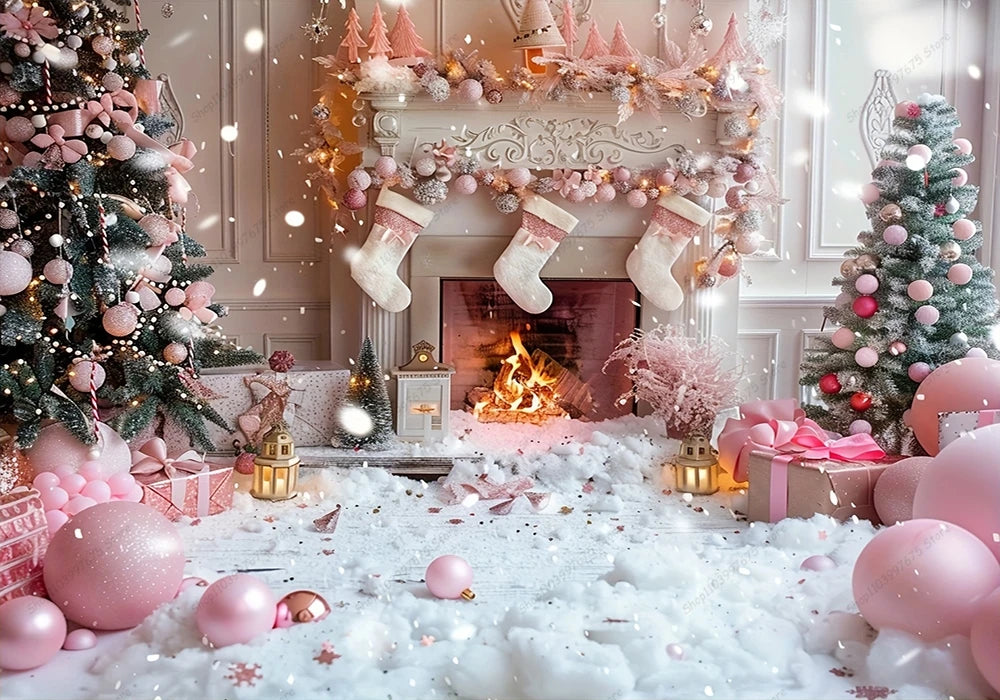 Pink Christmas Photography Backdrop Xmas Tree Fireplace Gifts Box Background Family Party Baby Shower Banner Decor Photo Studio