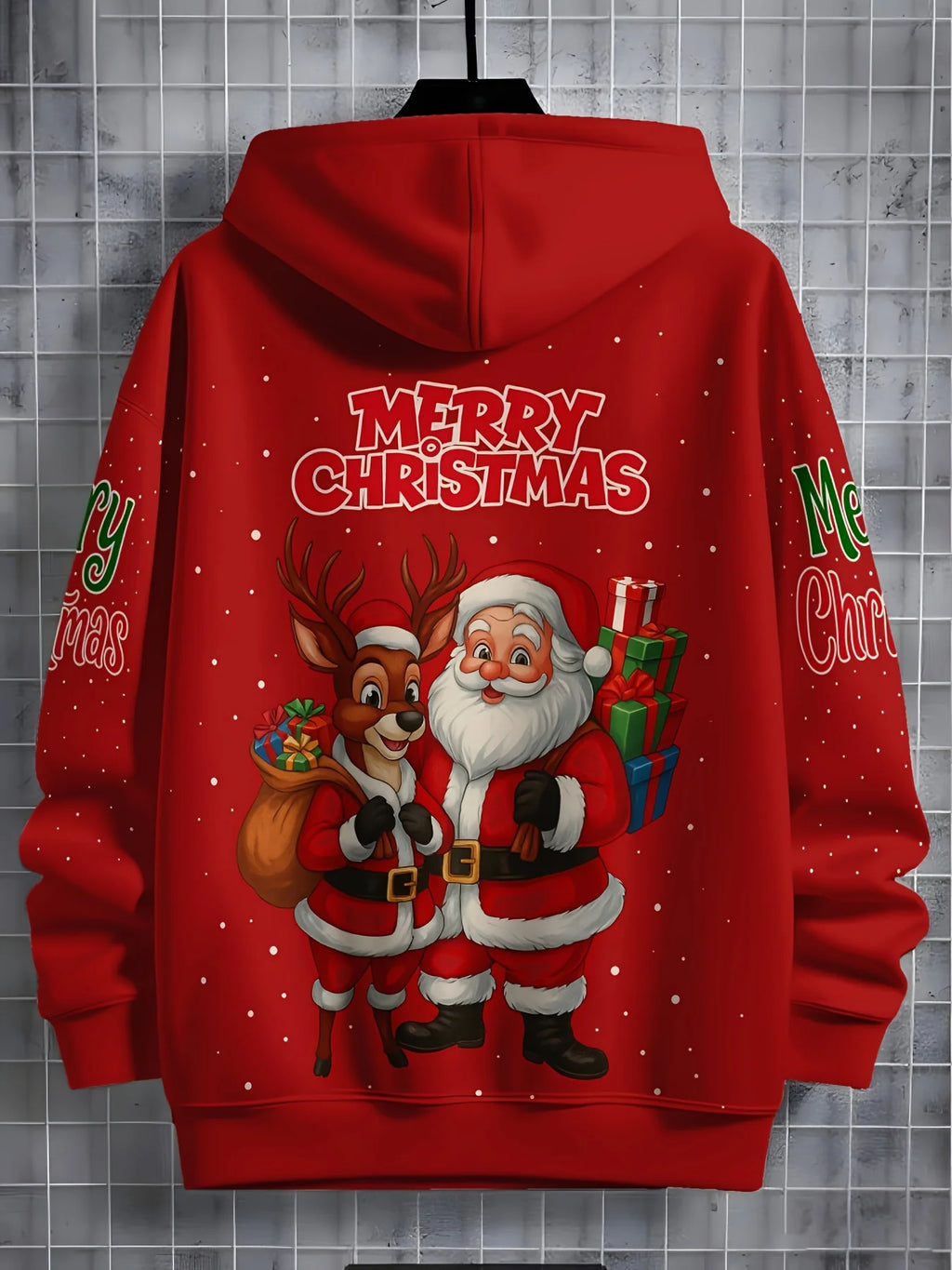 Boys & Girls Christmas New Year Hoodie | Festive Red Hooded Sweatshirt with Santa and Deer Warm and Comfortable