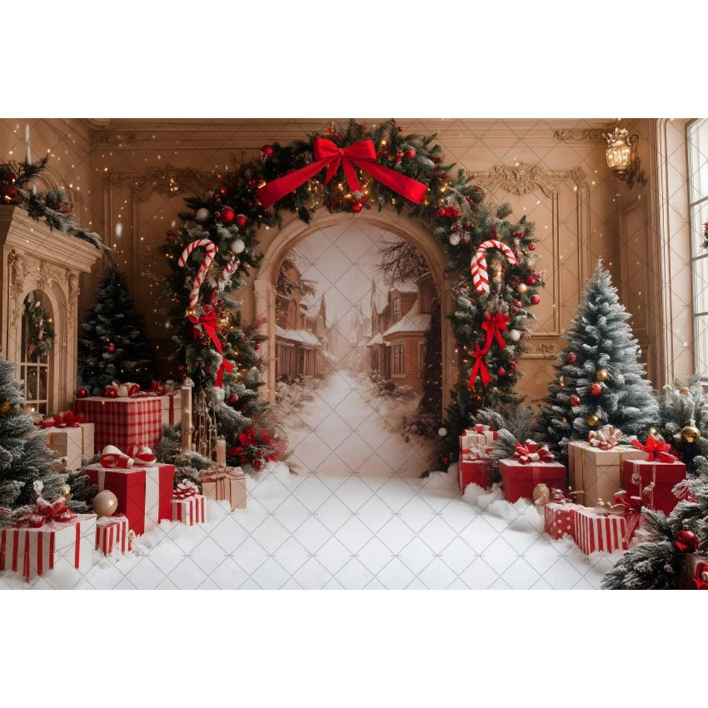 Winter Christmas Photography Background Gold Red Arch Xmas Tree Gifts Kids Family Portrait Decor Backdrop Photo Studio