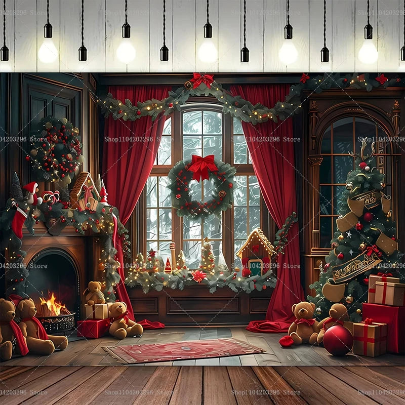 Christmas Photography Backdrop Xmas Tree Fireplace Gift Winter Window Family Kids Party Christmas Decoration Photo Background