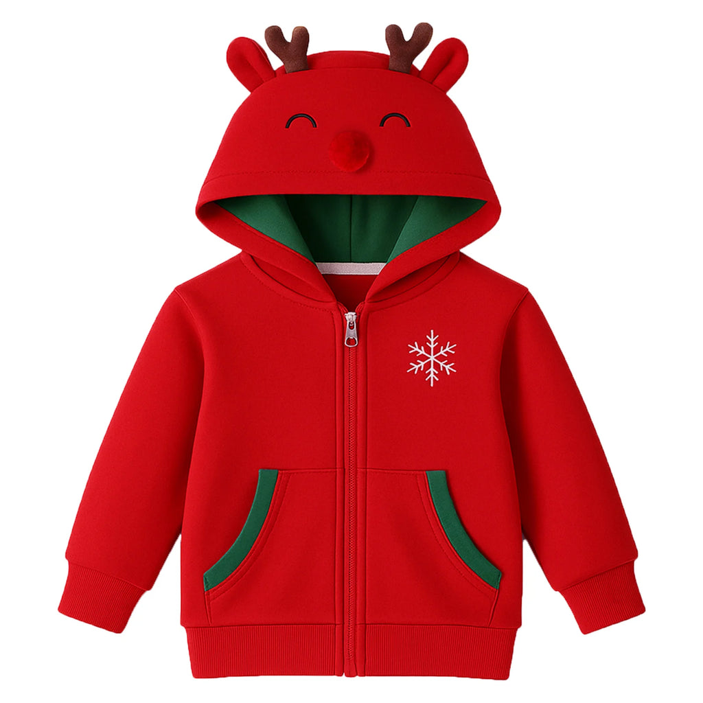 Christmas boy hooded sweatshirt with red snowflake print and pocket opening placket, outdoor casual autumn and winter sweatshirt