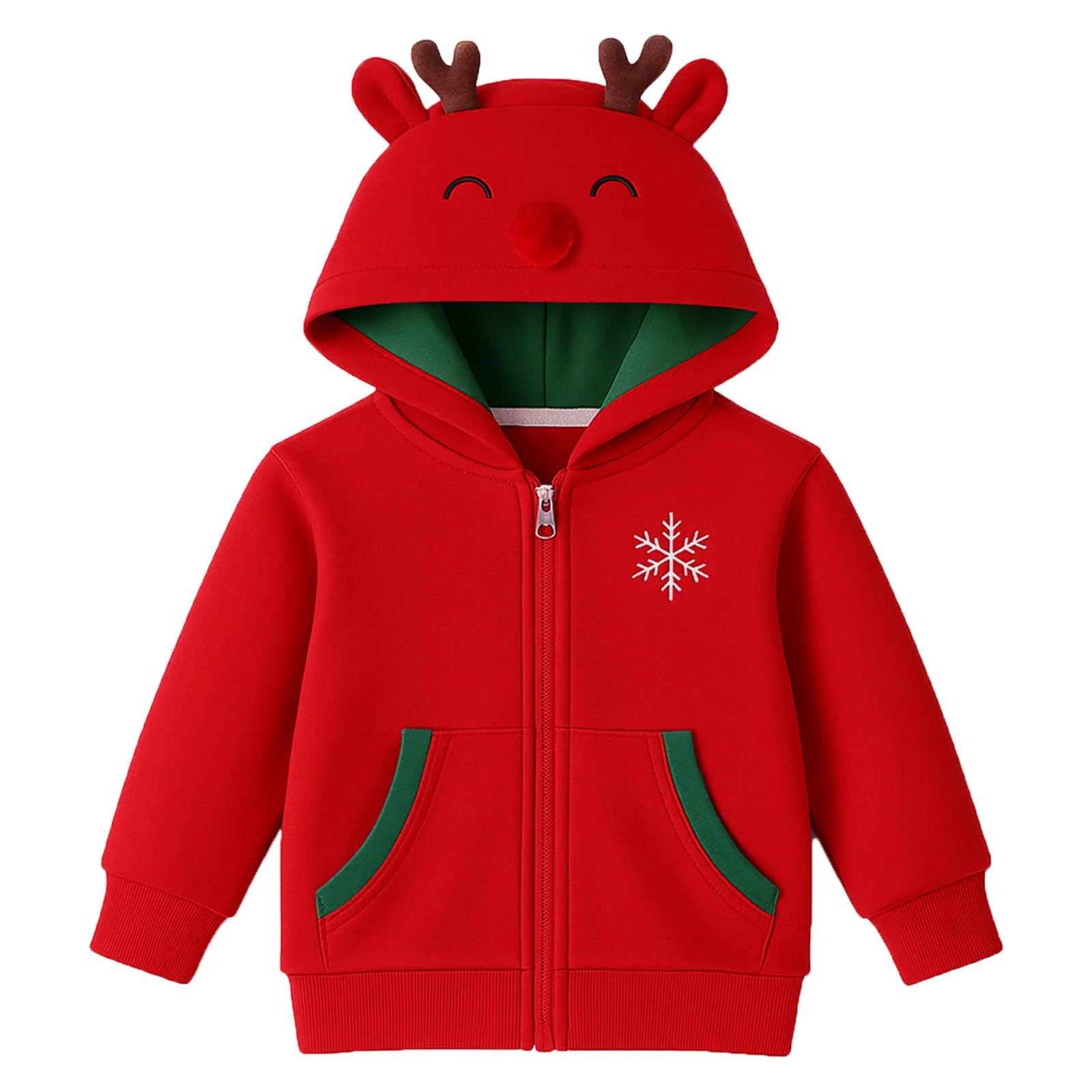 Christmas boy hooded sweatshirt with red snowflake print and pocket opening placket, outdoor casual autumn and winter sweatshirt