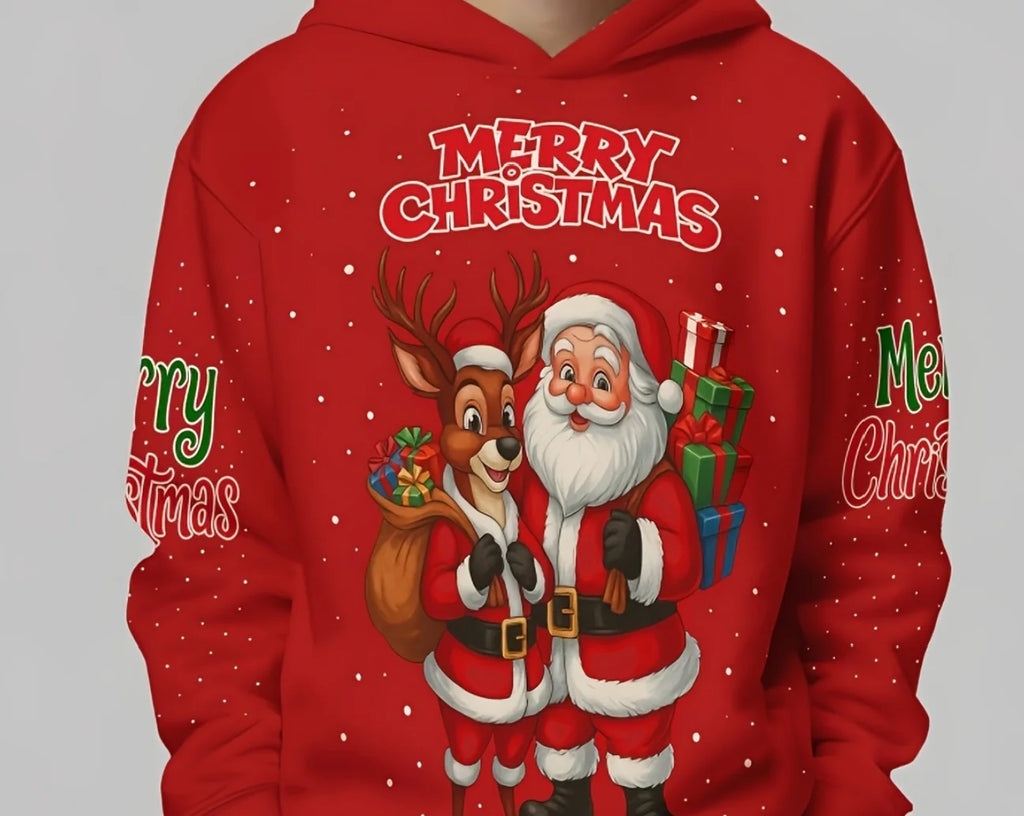 Boys & Girls Christmas New Year Hoodie | Festive Red Hooded Sweatshirt with Santa and Deer Warm and Comfortable