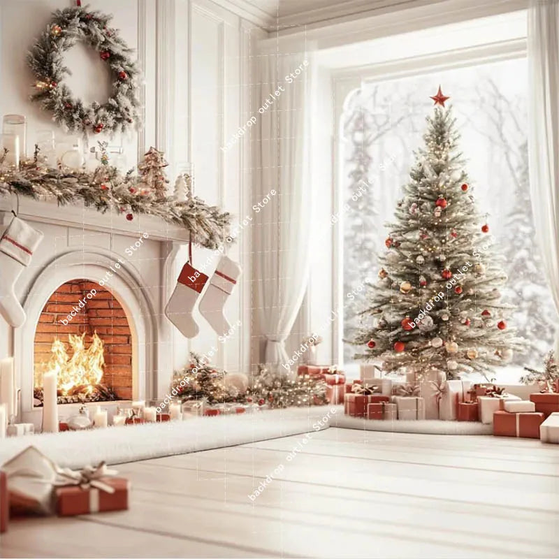 Christmas Celebration Photography Background Winter Window Glitter Xmas Tree Kids Family Portrait Decor Backdrop Photo Studio