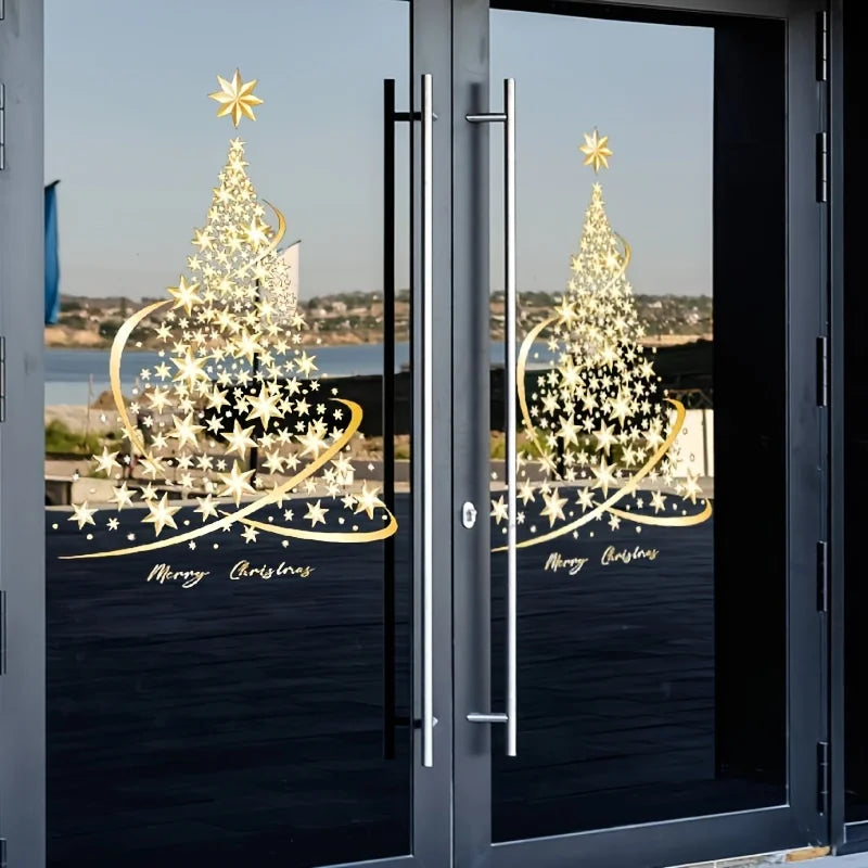Golden Christmas Tree Window Clings - Festive PVC Stickers for Glass, Easy to Apply & Remove, Christmas Decorations window film
