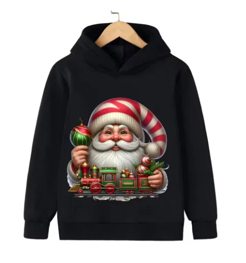Christmas hooded sweater, cartoon-style, festive Santa Claus design, suitable for both boys and girls.