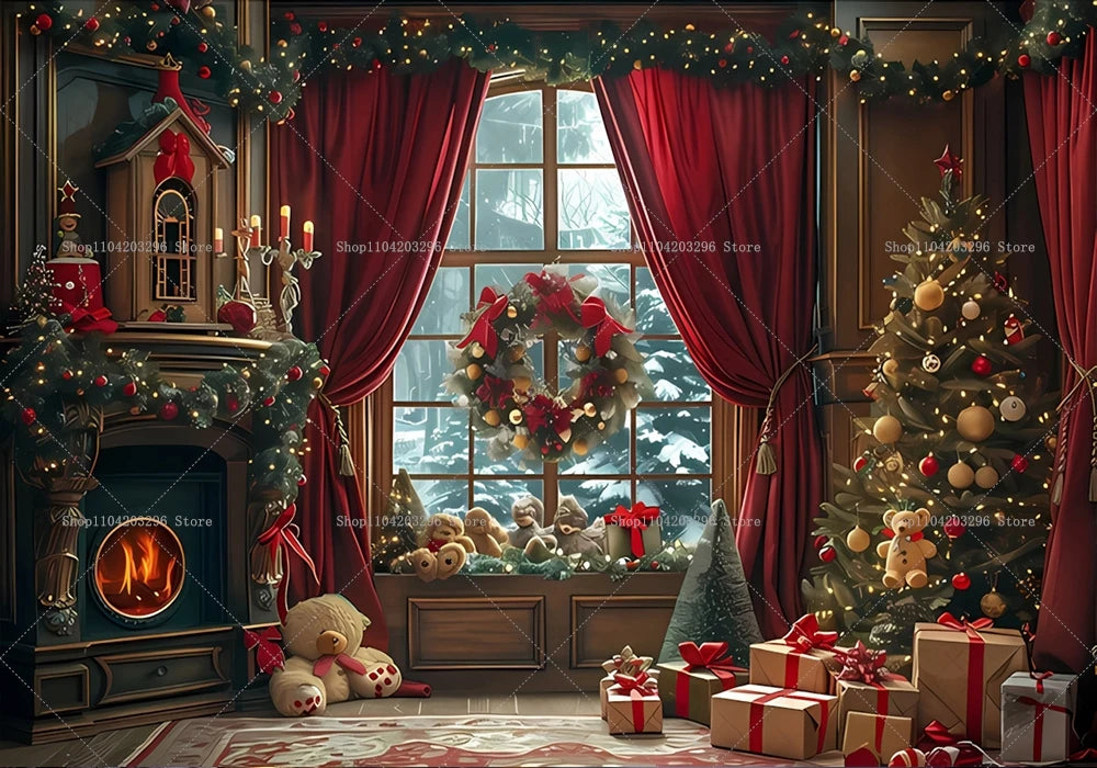 Christmas Photography Backdrop Xmas Tree Fireplace Gift Winter Window Family Kids Party Christmas Decoration Photo Background