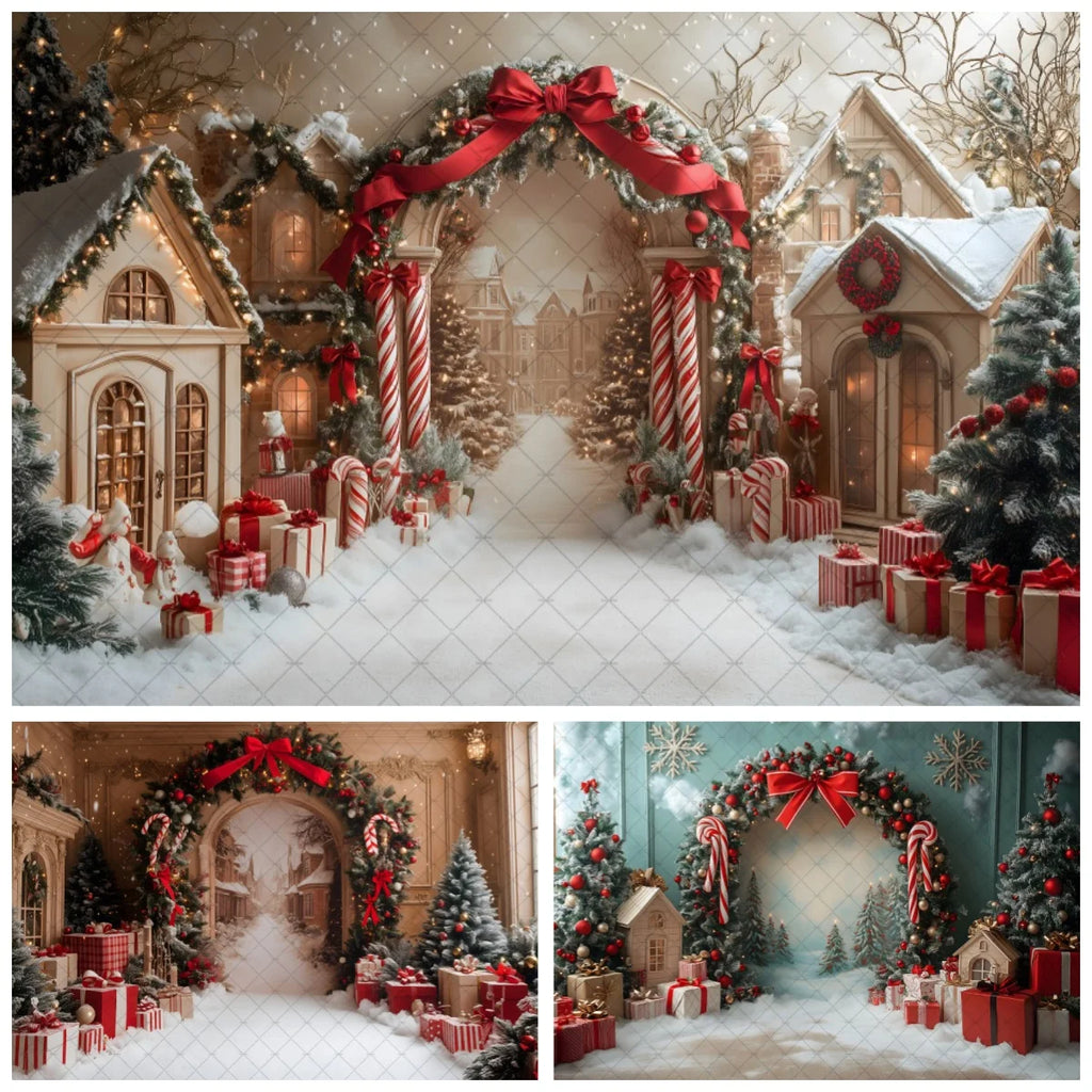 Winter Christmas Photography Background Gold Red Arch Xmas Tree Gifts Kids Family Portrait Decor Backdrop Photo Studio