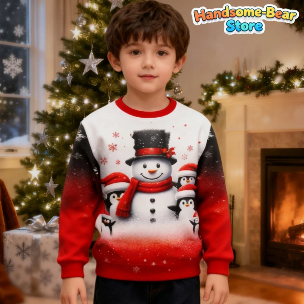 Boys Girls Xmas Sweatshirt Christmas Snowman Santa 3D Print Funny Christmas Hoodies Unisex Pullover Holiday Party Kids Clothing