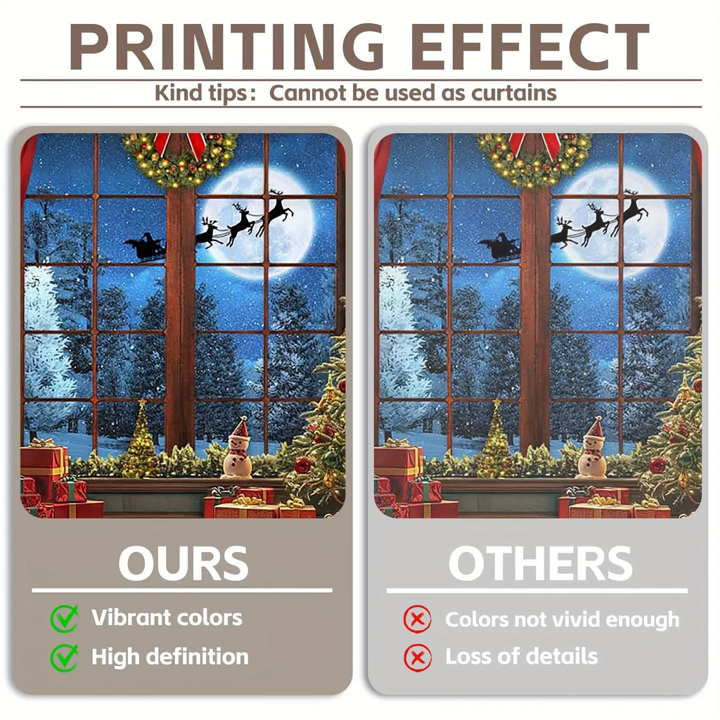 Christmas photography background with moon, deer, tree, red curtains, snowman, starry sky forest, holiday wall hanging flag