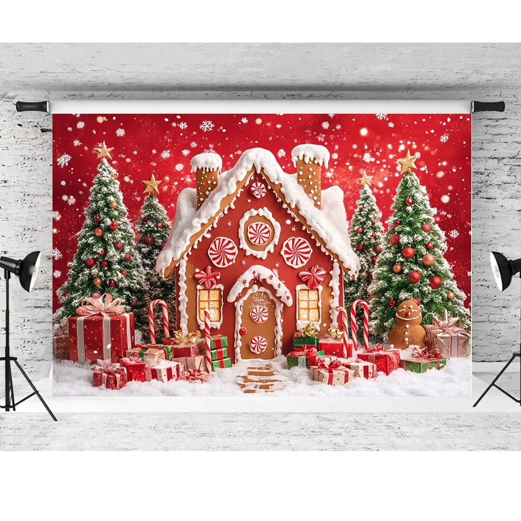Christmas Photography Background Cloth - Gingerbread House, Snowflakes, Candy Cane, and Tree Patterns