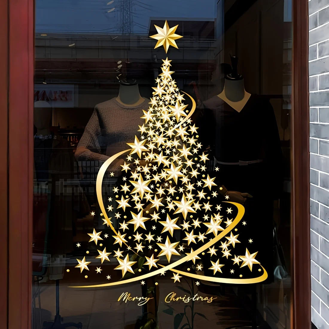 Golden Christmas Tree Window Clings - Festive PVC Stickers for Glass, Easy to Apply & Remove, Christmas Decorations window film