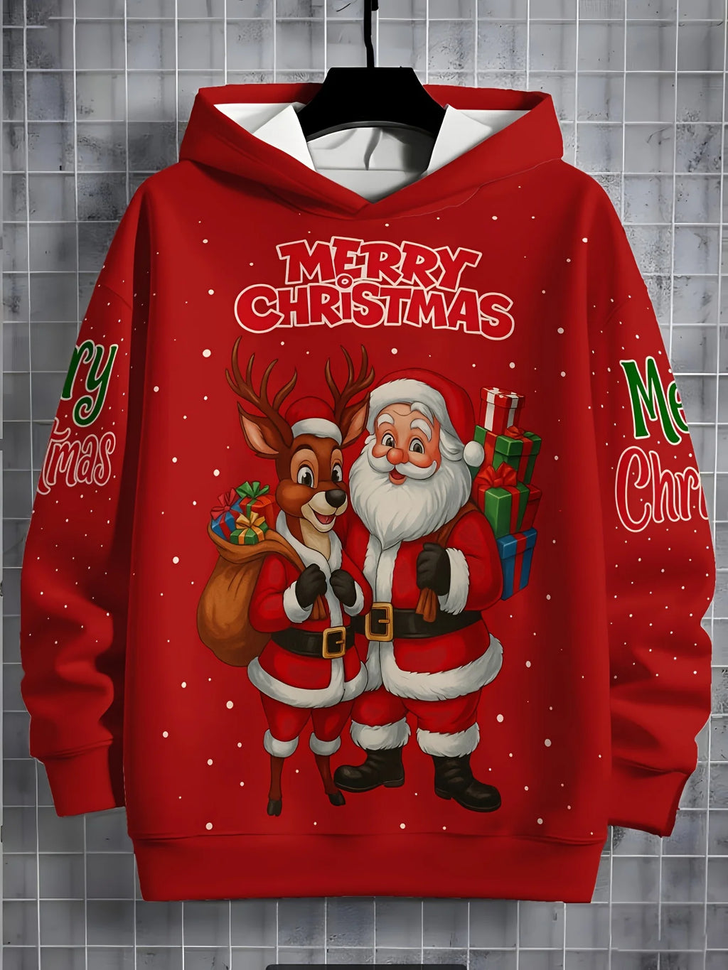 Boys & Girls Christmas New Year Hoodie | Festive Red Hooded Sweatshirt with Santa and Deer Warm and Comfortable