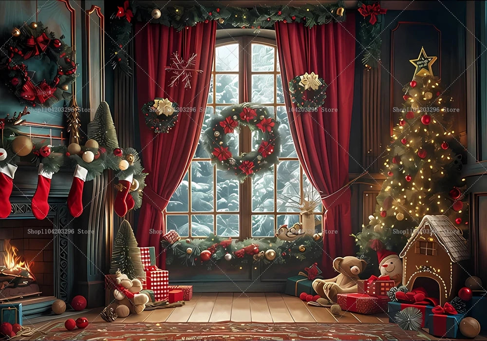 Christmas Photography Backdrop Xmas Tree Fireplace Gift Winter Window Family Kids Party Christmas Decoration Photo Background