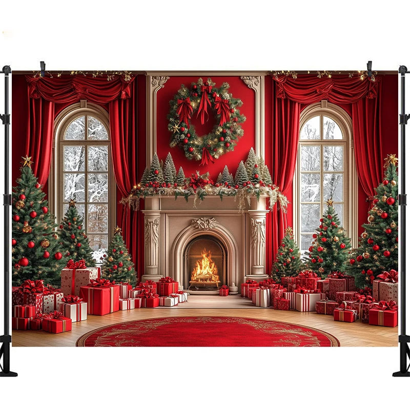 LS Photography Background Xmas Tree Red Room Christmas Fireplace Decoration Kids Holiday Portrait Photo Backdrops Studio Props