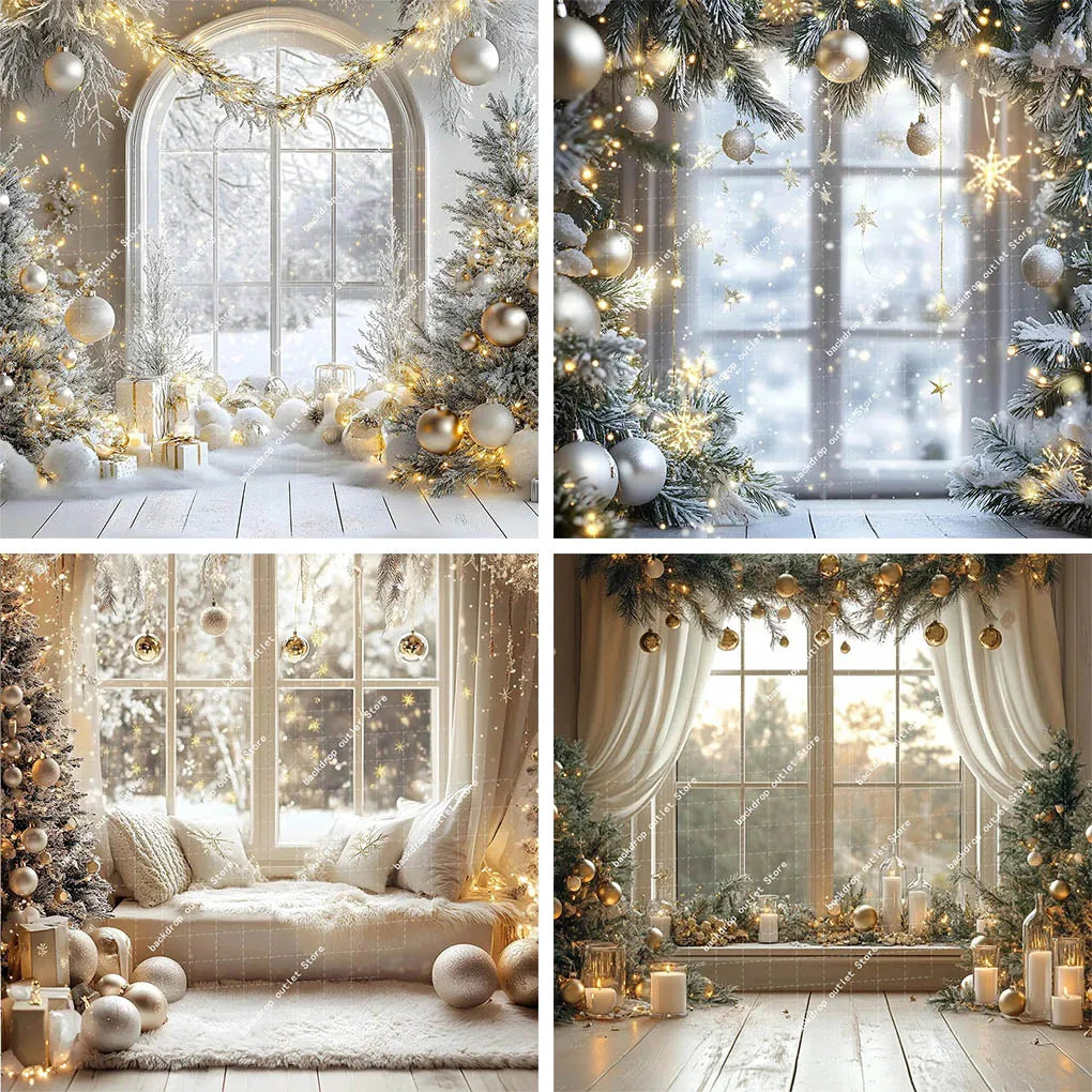 Christmas Celebration Photography Background Winter Window Glitter Xmas Tree Kids Family Portrait Decor Backdrop Photo Studio