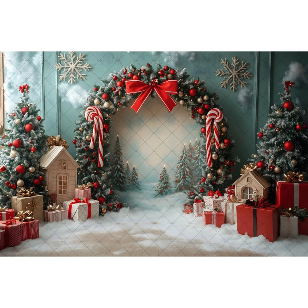 Winter Christmas Photography Background Gold Red Arch Xmas Tree Gifts Kids Family Portrait Decor Backdrop Photo Studio