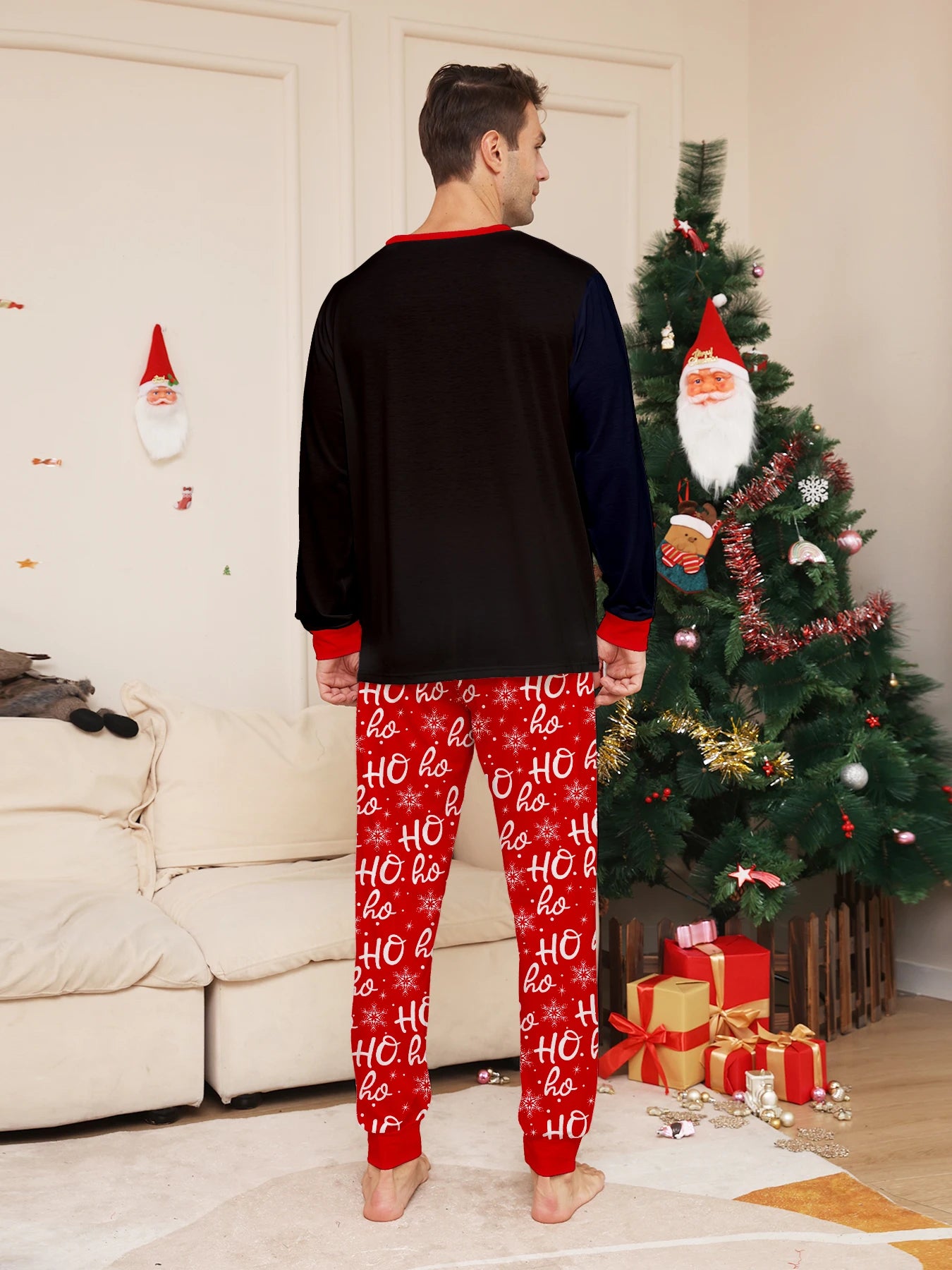Festive Christmas Couple Pajamas Set: Black with Santa Hat & 'Merry Christmas' + Red 'HO Ho' Pattern