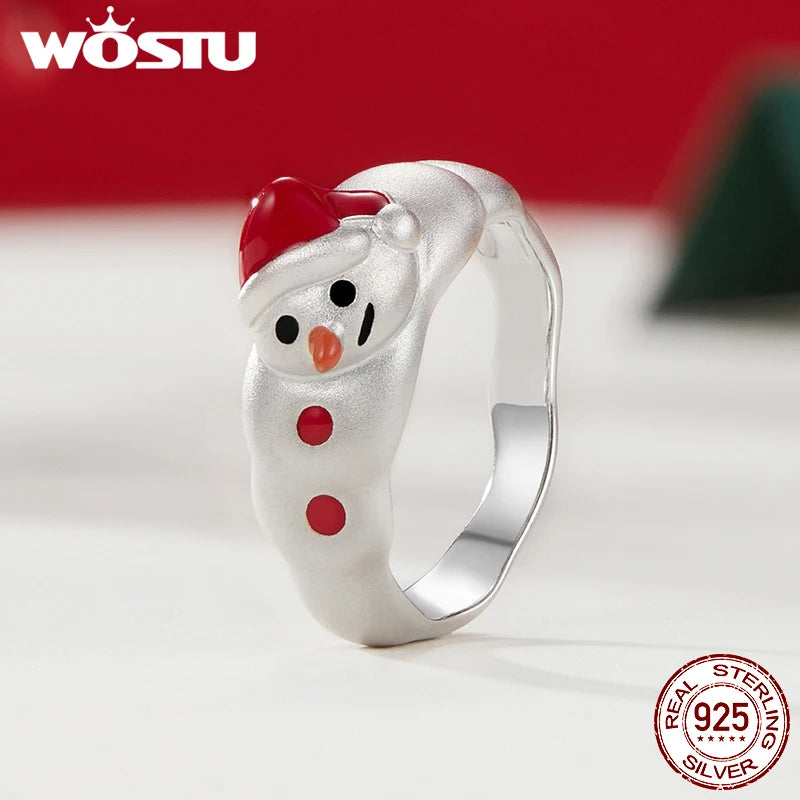 WOSTU Xmas Jewelry Christmas Snowman Ring For Women 925 Sterling Silver Statement Rings Stackable Girl Daughter New Year's gift