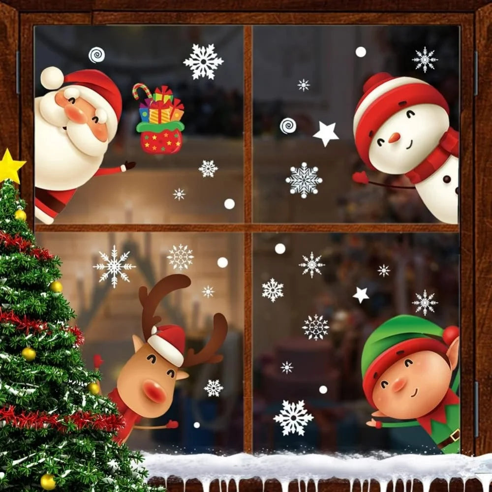 Christmas Window Clings Cute Xmas Decorations for Winter Holiday Home Party Santa Reindeer Snowman Snowflake Stickers for Glass