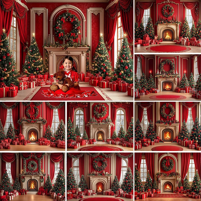 LS Photography Background Xmas Tree Red Room Christmas Fireplace Decoration Kids Holiday Portrait Photo Backdrops Studio Props