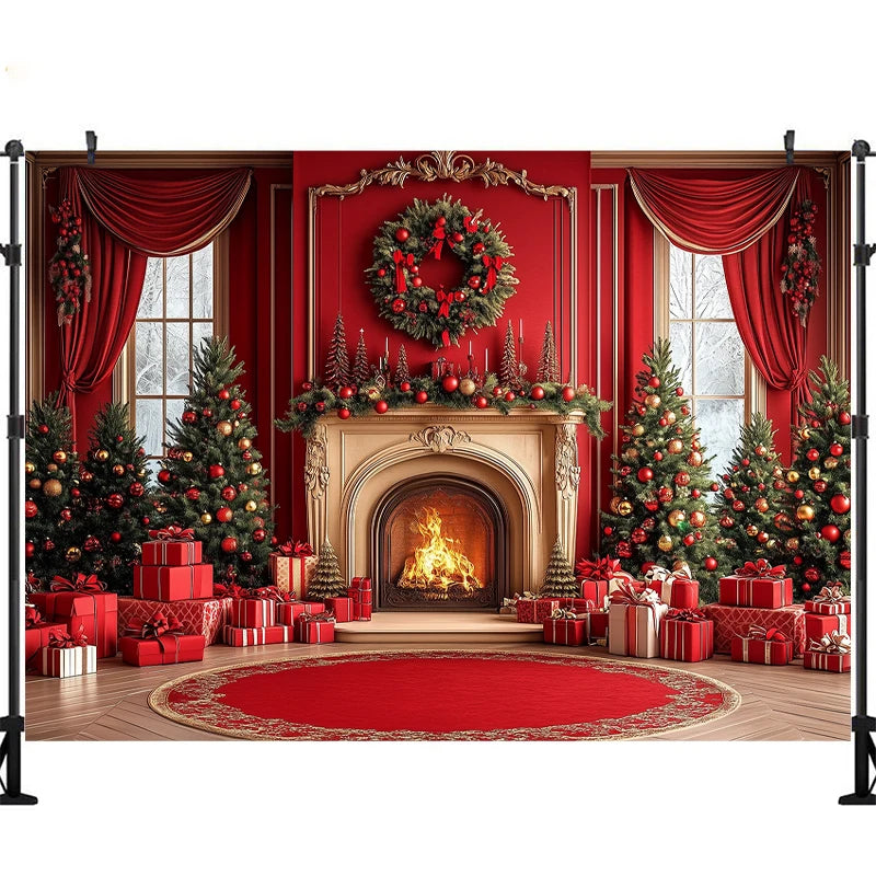 LS Photography Background Xmas Tree Red Room Christmas Fireplace Decoration Kids Holiday Portrait Photo Backdrops Studio Props